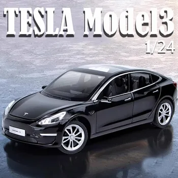 1/24 Украшения для коллекции Tesla Model 3, модель автомобиля из литого под давлением сплава, Рождественские подарки, подарки на день рождения, звуковые и световые игрушки для детей