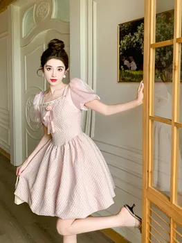 2023 Летняя и осенняя новая женская одежда, классическое простое розовое короткое платье с объемным цветочным рисунком, расшитое бисером, 0814