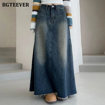 BGTEEVER, винтажные длинные джинсовые юбки на одной пуговице с высокой талией, женские карманы, женские джинсовые юбки трапециевидной формы, осень