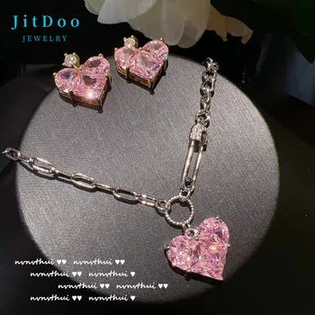 JitDoo Новый комплект ювелирных изделий для женщин, великолепное розовое ожерелье с бабочкой из циркона ААААА, Серьги, Регулируемое кольцо, свадебные украшения для новобрачных
