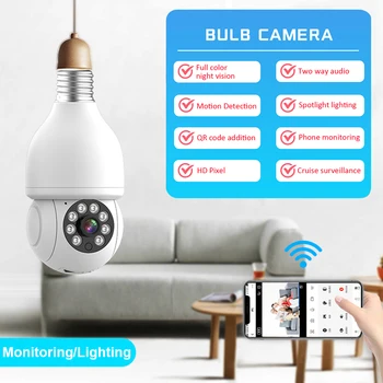 WIFI Камера Безопасности 2MP Ночного Видения 1080P Мини PTZ-Камера Двухстороннее Аудио Основание Лампы E27 Управление Приложением Мгновенные Оповещения Безопасность дома