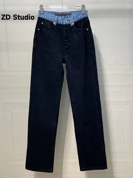 [ZD Studio] Черные джинсовые брюки Женские 2023, Весенне-осенние Новые Облегающие брюки с высокой талией, Длинные Темные Прямые брюки свободного кроя
