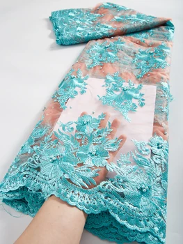 Африканская сетчатая кружевная ткань с бисером 2023 Высококачественное Французское тюлевое кружево Нигерийская кружевная ткань для пошива вечерних платьев TY047