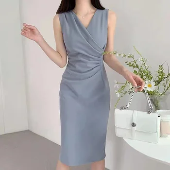 Вечернее платье, однотонный жилет без рукавов с V-образным вырезом, платье-карандаш 2022, Элегантное облегающее офисное женское рабочее платье