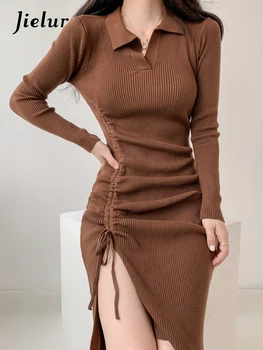 Винтажный сексуальный тонкий вязаный свитер Поло, вечернее Макси-платье для женщин, элегантное облегающее мини-платье на завязках, зима