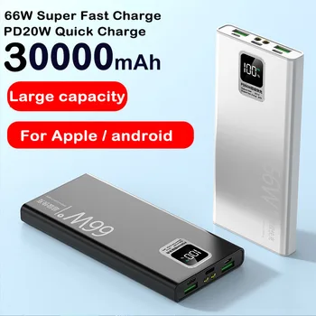 Внешний аккумулятор Powerbank мощностью 66 Вт с быстрой зарядкой и емкостью 30000mAh с USB-выходом для iPhone 14, Huawei, Xiaomi Powerbank
