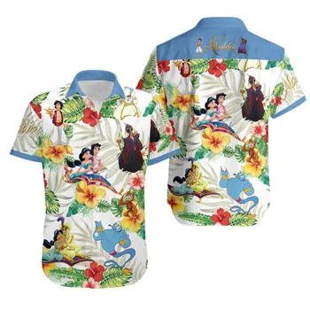 Гавайская рубашка принцессы Диснея Аладдина и Жасмин Мужские Женские детские рубашки с коротким рукавом Гавайские рубашки Диснея Пляжные рубашки