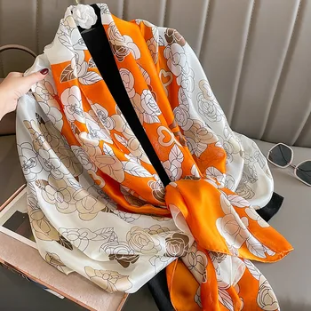Гладкий шелковый шарф для женщин с цветочным принтом, Элегантные шарфы из Пашмины, Женский платок, Хиджаб, Роскошные шали, Пляжные женские Палантины, Шарф