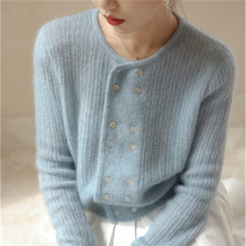 Двубортные вязаные кардиганы, синие женские топы, повседневные свитера с круглым вырезом, французская осенне-зимняя мягкая свободная верхняя одежда