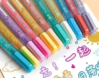 Двухлинейная контурная ручка, маркерная ручка для студентов, многоцветный флуоресцентный двухцветный ручной счет, полая двойная серебряная подсветка