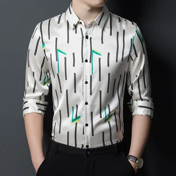 Дизайнерская полосатая мужская рубашка Easy Care с длинным рукавом из натурального шелка, повседневная весенняя качественная шелковистая и гладкая роскошная мужская сорочка-джентльмен