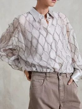 Женская шелковая рубашка в полоску с блестками, Новинка 2023, модная женская однобортная блузка с отложным воротником, женский топ, классический