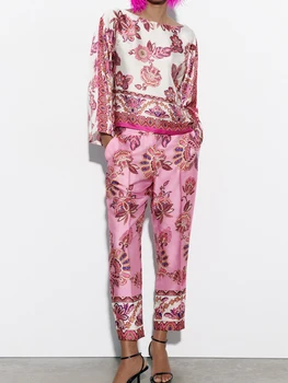 Женские атласные костюмы из 2 предметов с цветочным принтом, свободные топы с круглым вырезом и длинным рукавом, длинные брюки с эластичной резинкой на талии, Винтажные шикарные женские наряды