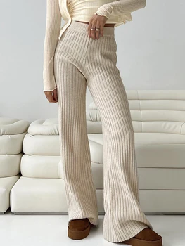 Женские широкие брюки из цельного ребристого трикотажа с эластичной резинкой на талии, Широкие брюки-свитера спереди, Длинные брюки Palazzo Lounge