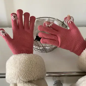 Зимние перчатки с отверстиями для пальцев из трикотажной пряжи Daisy, женские варежки с сенсорным экраном, толстые теплые перчатки из плюша для девочек