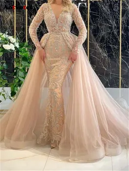 Кружевные свадебные платья Aotvotee для женщин 2023, модное элегантное платье в пол с V-образным вырезом, тонкие вечерние платья с длинными рукавами
