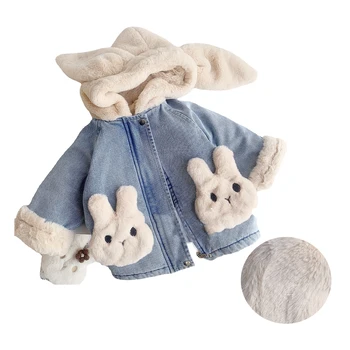 Куртка для девочек и мальчиков, детские джинсовые куртки, кардиган с милым кроликом, бархатное толстое теплое пальто с капюшоном и ушками, детская зимняя верхняя одежда, одежда