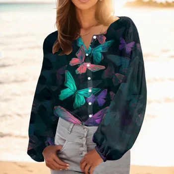Модная блузка с длинным рукавом с принтом, пуловеры, топы, повседневная женская рубашка с V-образным вырезом и рукавом-фонариком, Элегантная шикарная офисная женская рубашка