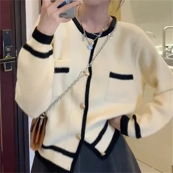 Модный нежный однотонный свитер-кардиган Lazy Minority, Женский Короткий Контрастный джемпер, Корейская версия блузки в стиле ретро