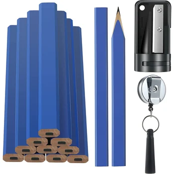 Набор плотницких карандашей 14 шт., плоские восьмиугольные твердые черные плотницкие маркировочные карандаши с точилкой для карандашей, выдвижной держатель для ручек