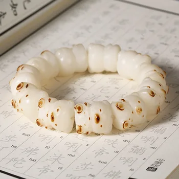 Натуральный Белый нефритовый браслет с резным медведем из корня Бодхи для мужчин, женский браслет Seiko Machine, бусины Будды Wen Play, четки, ювелирные изделия