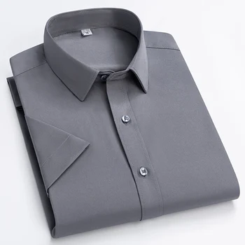 Новинка в рубашке летние тонкие рубашки с коротким рукавом для мужчин, приталенная официальная однотонная рубашка, однотонные офисные топы, эластичная бело-черная одежда