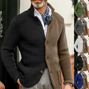 Новый мужской зимний Кардиган, Приталенный вязаный жакет с длинными рукавами, Модный свитер с цветным блоком, Повседневный уличный свитер