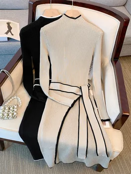 Осенне-зимние вязаные платья-свитера для женщин, офисные женские Элегантные платья с длинным рукавом и тонким поясом Для женщин, Vestidos