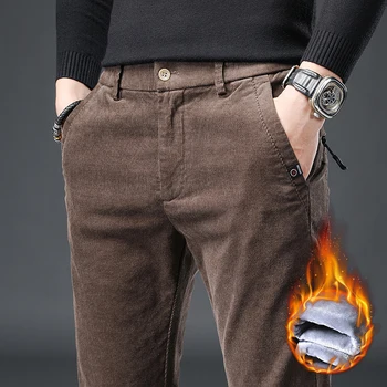 Осенне-зимние мужские приталенные прямые вельветовые брюки из флиса, высококачественная хлопчатобумажная стрейчевая простая одежда, повседневные брюки Pure Fit
