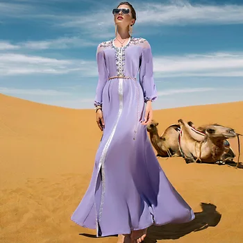 Рамадан Фиолетовое Мусульманское Платье Абайя с Длинным Рукавом для Женщин Eid Party Jalabiya Marocain Одежда Исламская Турция Марокканский Кафтан Халат