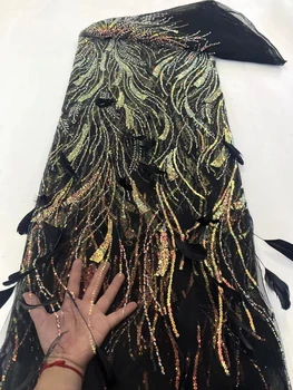 Цветочная 3D Кружевная ткань Африканский Тюль с пайетками, Аппликация из бисера, Сетчатое Шитье в Нигерийском стиле, Свадебное платье для вечеринки, Белая Высококачественная Французская сетка